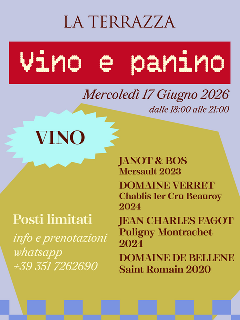 Vino&Panino X Bar Paradiso | Mercoledì 17 giugno 2026 ore 18-21