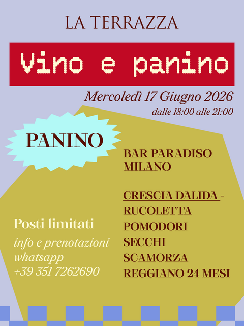 Vino&Panino X Bar Paradiso | Mercoledì 17 giugno 2026 ore 18-21